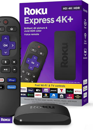 Roku Express 4K+ | Roku Streaming Device 4K/HDR with Voice Remote, Free & Live TV