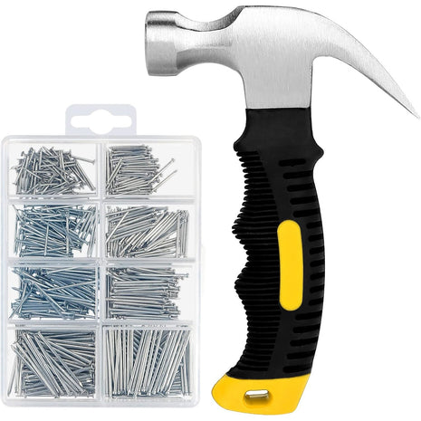 700PCs Nails Assortment Kit & 8oz Hammer, Small Hammer for Hanging Wall Art Decor, Picture Frame, 350 Roofing/Wall Nails & 350 Finishing Nail