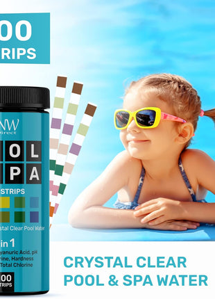 JNW 7-in-1 Pool Test Strips, 100 Quick & Accurate Test Strips for Pool Water, Spa Test Strips for Hot Tub, Chlorine Test Strips, Bromine, pH, Alkalinity, Hardness & More - Swimming Pool Test Kit