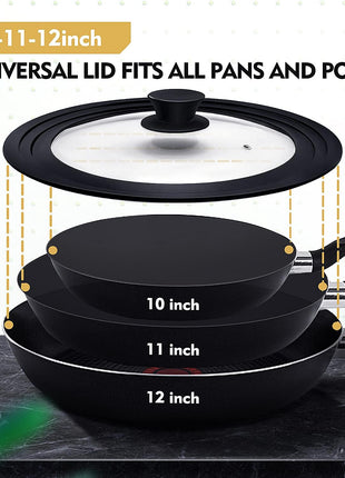 Ydeapi Universal Lid for Pots, Pans and Skillets, Pot Lid With Heat Resistant Silicone Rim and Tempered Glass,Fits 10", 11", 12" Diameter Pots and Pans