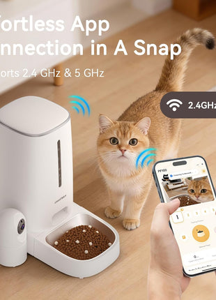 Automatic Cat Dog Feeder with Camera 4L, 2.4G/5G WiFi Smart Pet Food Dispenser with Night Vision, 2-Way Audio, Meat Call and Motion Alert, Stainless Steel Bowl, Dual Power Support, AI Feature
