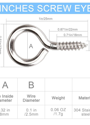 Aovchei Eye Screws, 50Pcs 1 inches 304 Heavy Duty Stainless Steel Screw Hooks, Self Tapping Eye Bolts, Indoor & Outdoor for Hanging Artwork