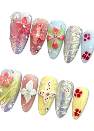Handmade Medium Almond Nails Thick Press on Nails Aurora Colourful Fake Nails with 3D Tropical Flower Art Design Reusable Acrylic False Nails, Nature Stick on Nail for Wome (Size S)