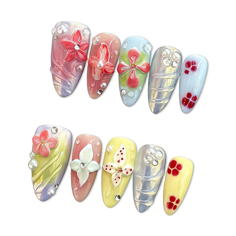Handmade Medium Almond Nails Thick Press on Nails Aurora Colourful Fake Nails with 3D Tropical Flower Art Design Reusable Acrylic False Nails, Nature Stick on Nail for Wome (Size S)