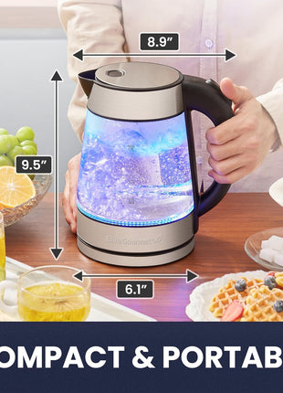 Elite Gourmet EKT-602 BPA-Free Electric Glass Kettle, Cordless 360° Base | Stylish Blue LED Interior, Auto Shut-Off Function, Quickly Boil Water for Tea & More