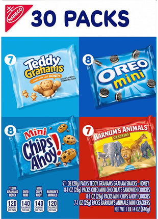 Nabisco Team Favorites Variety Pack, OREO Mini, CHIPS AHOY! Mini, Teddy Grahams Honey & Barnum's Animal Crackers, 30 Snack Packs
