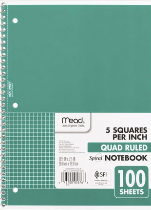 Mead Spiral Notebook, 1 Subject, Graph Ruled Paper, 7-1/2 inch x 10-1/2 inch, 100 Sheets, Green (05676AC5)