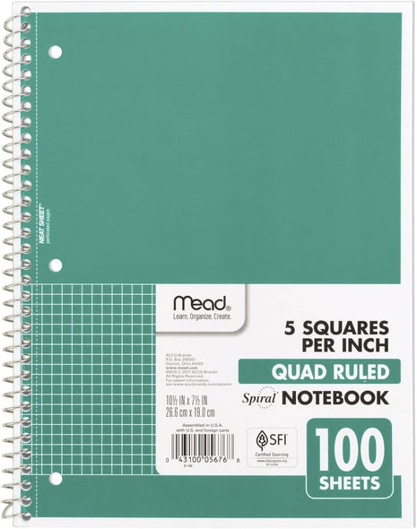 Mead Spiral Notebook, 1 Subject, Graph Ruled Paper, 7-1/2 inch x 10-1/2 inch, 100 Sheets, Green (05676AC5)