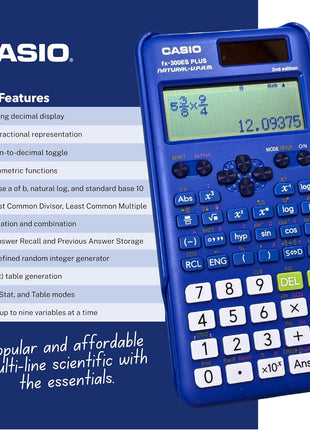 Casio fx-300ES Plus 2nd Edition – Standard Scientific Calculator | 262 Functions, Natural Textbook DisplaySM | Ideal for Middle School, High School Math, Statistics & Algebra | Blue