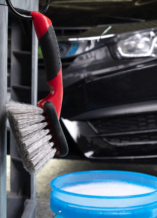 Mothers Car Wash Brush, Wheel and Fender Brush, Short Handle Tire Cleaner for Car Detailing, 10 Inch, Red/Black