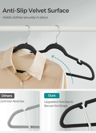 SONGMICS Velvet Hangers 50 Pack, Non-Slip Clothes Hangers, Suit Hangers with Shoulder Notches, Pants Bar, 360° Swivel Hook, Space-Saving, for Closet, Ink Black UCRF029B05