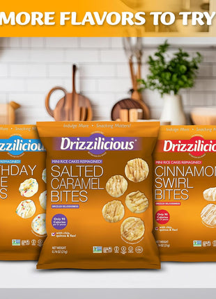 Drizzilicious Mini Rice Cakes Variety Pack- Rice Crisps, Healthy Snack for Adults and Kids, Flavored Rice Cakes, Vegan, Gluten Free Snack, Allergen Free, Only 90 Calories Per Bag- 0.74 oz (Pack of 12)