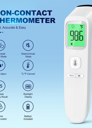 No-Touch Thermometer for Adults and Kids, Accurate Digital Baby Thermometer | 1s Fast Reading, Fever Alarm, Silent Mode, 35-Reading Memory, Forehead & Object Mode, AAA Battery Included, for Home & Clinic