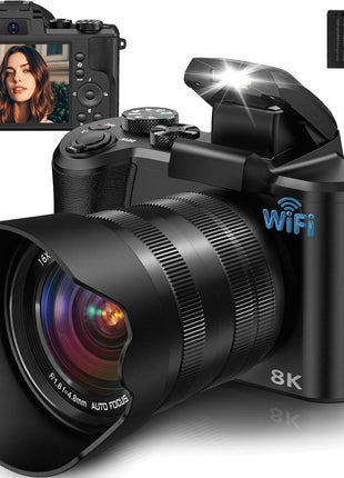 8K Digital Camera, 88MP Cameras for Photography with WiFi & Touch Screen, 16X Zoom Vlogging Camera for YouTube Video, Autofocus & Anti-Shake, Dual Camera, 2 Batteries, 64GB Card, Flash, Lens Hood