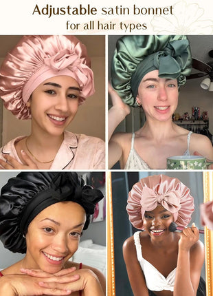 YANIBEST Silk Bonnet for Sleeping Women Satin Bonnet Double Layer Satin Lined Hair Bonnet with Tie Band Curly Hair Blush Pink