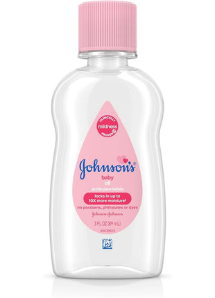 Johnson's Baby Oil, Pure Mineral Oil to Prevent Moisture Loss for Newborn, Kids, & Adults, Gentle, Soothing Baby Massage Oil, Dry Skin Relief, Hypoallergenic, Original Scent, Baby Essentials, 3 fl. oz