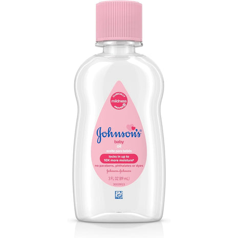 Johnson's Baby Oil, Pure Mineral Oil to Prevent Moisture Loss for Newborn, Kids, & Adults, Gentle, Soothing Baby Massage Oil, Dry Skin Relief, Hypoallergenic, Original Scent, Baby Essentials, 3 fl. oz