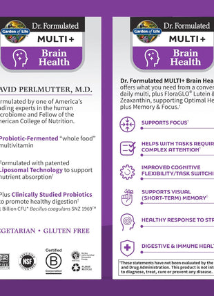Garden of Life Dr Formulated Multi+ Brain Health, Fermented Liposomal Multivitamin + Lutein & Zeaxanthin, Vitamin D3 & Probiotics - Memory & Focus Support, Digestive & Immune Health, 30 Capsules