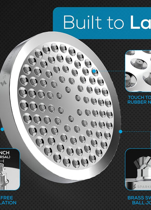 SparkPod Rain Shower Head, 6 Inch Round, Luxury Polished Chrome Finish | High Pressure Shower Heads, 90 Nozzles, Adjustable Showerhead, No Tools Needed, Universal Connection