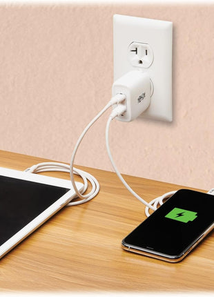 Tripp Lite USB-C Dual-Port Wall Charger, Compact Travel Size Folding Plug, USB 3.0, 40W Power Delivery Charging, Temperature Cooling Gallium Nitride Technology, 2-Year Warranty (U280-W02-40C2-G)