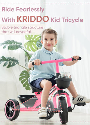 KRIDDO Toddler Tricycle for Toddlers Age 2-5, Tool-Free Trike | Tricycles for 3-5 Year Olds, Pink, Easy to Assemble, 2 Year Old Girl Birthday Gift, Outdoor Toys