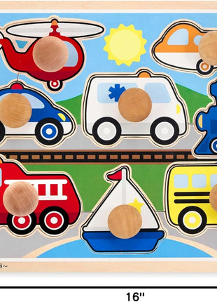 Melissa & Doug Vehicle Jumbo Knob Puzzle, Wooden Peg Puzzle for Toddlers, Educational Toy for Shape Recognition and Fine Motor Skills, Ages 1+