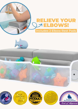 Comfortable Baby Bath Kneeler and Elbow Rest Pad Set - 1.5 Inch, Grey | Memory foam core, bathtub kneeling pad for bathing infants to toddlers, knee mat, toy organizer, machine washable