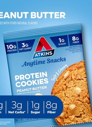 Atkins Peanut Butter High Protein Cookie, Keto Snacks, 3g Net Carb | Low Sugar and Low Carb Treats, Satisfies Cravings with High Protein, 4 Count, Individually Wrapped for On-the-Go, 1g Sugar