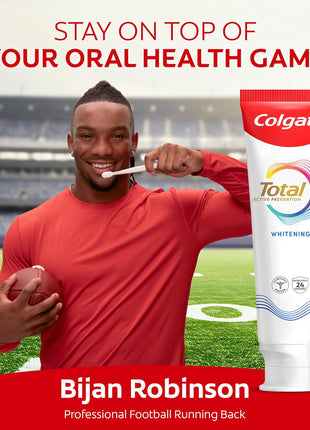 Colgate Total Whitening Toothpaste Paste, 5.1 oz, 4 Pack, Fluoride, Antibacterial, for Plaque, Gingivitis, Sensitivity, Stain Removal, Clinically Proven, Mint, Teeth Whitening, Stannous Fluoride