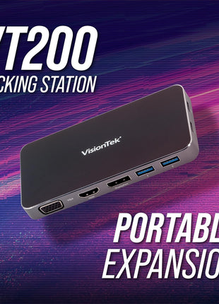 VisionTek VT200 Portable USB-C Dual Monitor Hub - 1x DP, 1x HDMI, 1x VGA, 2X USB-A Ports, 1x USB-C for Windows/MacOS/ChromeOS/iOS