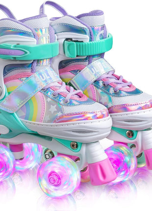 Rainbow Unicorn 4 Size Adjustable Roller Skates for Girls Boys for Kids Ages 3-5 5-8 6-12 Children Skates Indoor Outdoor