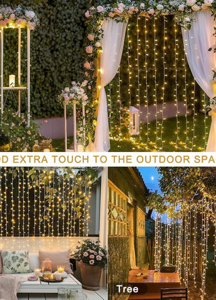 JMExSUSS 300 LED Remote Control Christmas Curtain Lights, Plug in Fairy Curtain Lights Outdoor, Window Wall Hanging String Lights for Bedroom Backdrop Wedding Party Indoor Patio xmas Decor, Warm White