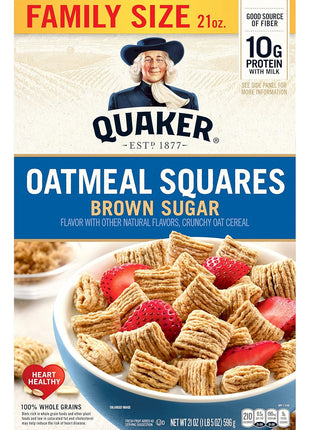 Quaker Oatmeal Squares Breakfast Cereal, Brown Sugar, 21oz Family Size Box