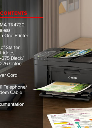 Canon PIXMA TR4720 All-in-One Wireless Printer, Home Use with Auto Document Feeder, Mobile Printing and Built-in Fax, Black | Includes starter ink, phone cable and power cord for printing, scanning and faxing
