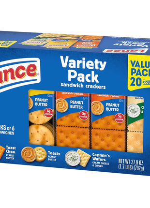 Lance Sandwich Crackers, Variety Pack, 3 Flavors, 20 Individually Wrapped Packs, 6 Sandwiches Each