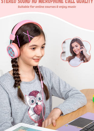 New Bee Kids Headphones Wired for School with Microphone KH20 HD Stereo Safe Volume Limited 85dB/94dB Foldable Lightweight for Girl/Mac/Android/Kindle/Tablet/Pad (Pink)