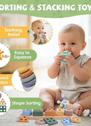 YHHYTOY 6-in-1 Montessori Baby Toys 0-6 6-12 Months, Infant Toys Baby Gifts | 4 5 6 Month Old Baby Toys, Soft Stacking Blocks Rings Shape Sorter Sensory Baby Suction Spinners, Baby Gifts for Girls Boys
