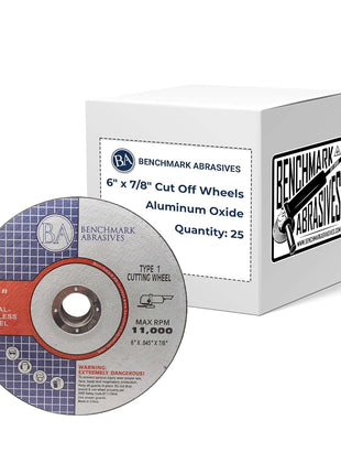 Benchmark Abrasives 6 Inch Aluminum Oxide Thin Type 1 Grinder Cut Off Wheels for Metal and Stainless Steel .045 inch Thick 7/8 inch Arbor, Angle Grinder Cutting Disc, Grinding Cutting Wheel - 25 Count