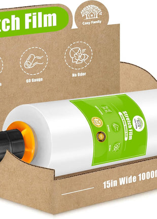 Cosy Family Plastic Wrap Stretch Film Roll - 1000ft 60 Gauge Industrial Strength 15 inch Wide Clear Plastic Wrap Roll with Handles for Pallet Wrapping Shipping Moving - Clear, Pack of 1