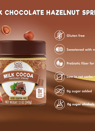 ChocZero Milk Chocolate Hazelnut Spread - No Added Sugar, Keto Friendly Low-Carb Chocolate Hazelnut Dessert & Bread Topping, Gluten Free, High Fiber, 12 oz Jar