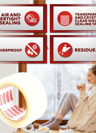 XFasten Transparent Window Weather Sealing Tape, 2-Inch x 30 Yards (50.8mm x 27.43m), Clear Window Draft Isolation Sealing Film Tape, No Residue