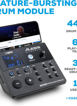 Alesis Nitro Max Electric Drum Set | 10" Dual-Zone Snare, 8" Toms, 10 "Cymbals, Quiet Mesh Heads, Bluetooth, 440+ BFD Sounds, USB MIDI, Drumeo, for Beginners