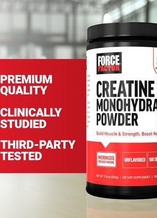 Force Factor Creatine Monohydrate Powder, 5g Dose, Micronized | Support Muscle Growth, Strength, Recovery, Cognitive Health & Memory, Unflavored, 500g, 100 Servings, 17.6 Oz