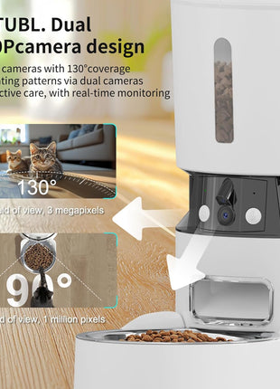Automatic Cat Feeder with 2 Cameras 1080P HD with Night Vision Pet Food Dispenser Two-Way Voice and Audio Dog Smart WiFi Dog & Cat Feeder Programmable Schedule Slow Bowl White