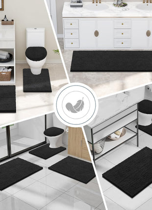 Smiry Luxury Chenille Bathroom Rugs 30x20, Extra Soft and Absorbent Shaggy Bath Mat, Machine Washable, Non Slip Plush Carpet Runner for Tub, Shower, and Floor, Home Decor Accessories, Black