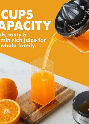Elite Gourmet ETS623 BPA Free Electric Citrus Juicer, Compact, Large Volume, Pulp Control, Oranges, Lemons, Limes, Grapefruits with Easy Pour Spout, 24oz, Black/Stainless Steel