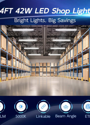 hykolity 4FT LED Shop Light, 42W [250W Equivalent],4400LM,5000K Daylight | Utility Linkable Shop Light Fixture,Hanging or Surface Mount, with Power Cord,Shop Lights for Workshop,ETL,White,4 Pack