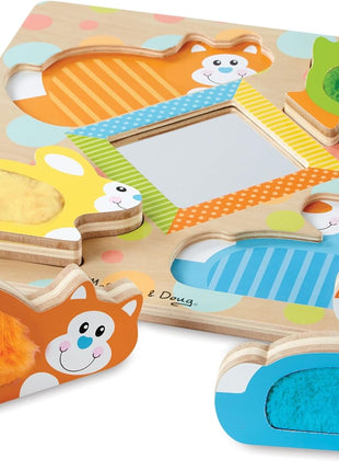 Melissa & Doug First Play Peek-a-Boo Pets Wooden Touch and Feel Puzzle with Mirror Mirror Toy for Babies and Toddlers, Sensory Toy Puzzle
