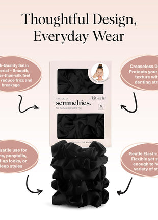 Kitsch Satin Scrunchies for Women ??No Crease Hair Ties ??Soft Satin Hair Scrunchies for Girls ??Frizz Free, Gentle, Stylish Hair Accessories ??Black, 5 pcs