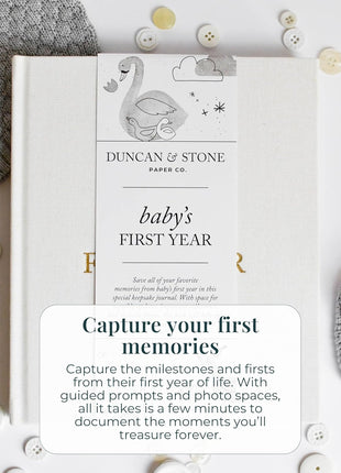 Duncan & Stone Baby Book First Year Memory Keepsake, Linen, Cream | Record milestones, photos & ultrasounds in a 112-page linen baby book; a boy or girl new mom keepsake gift